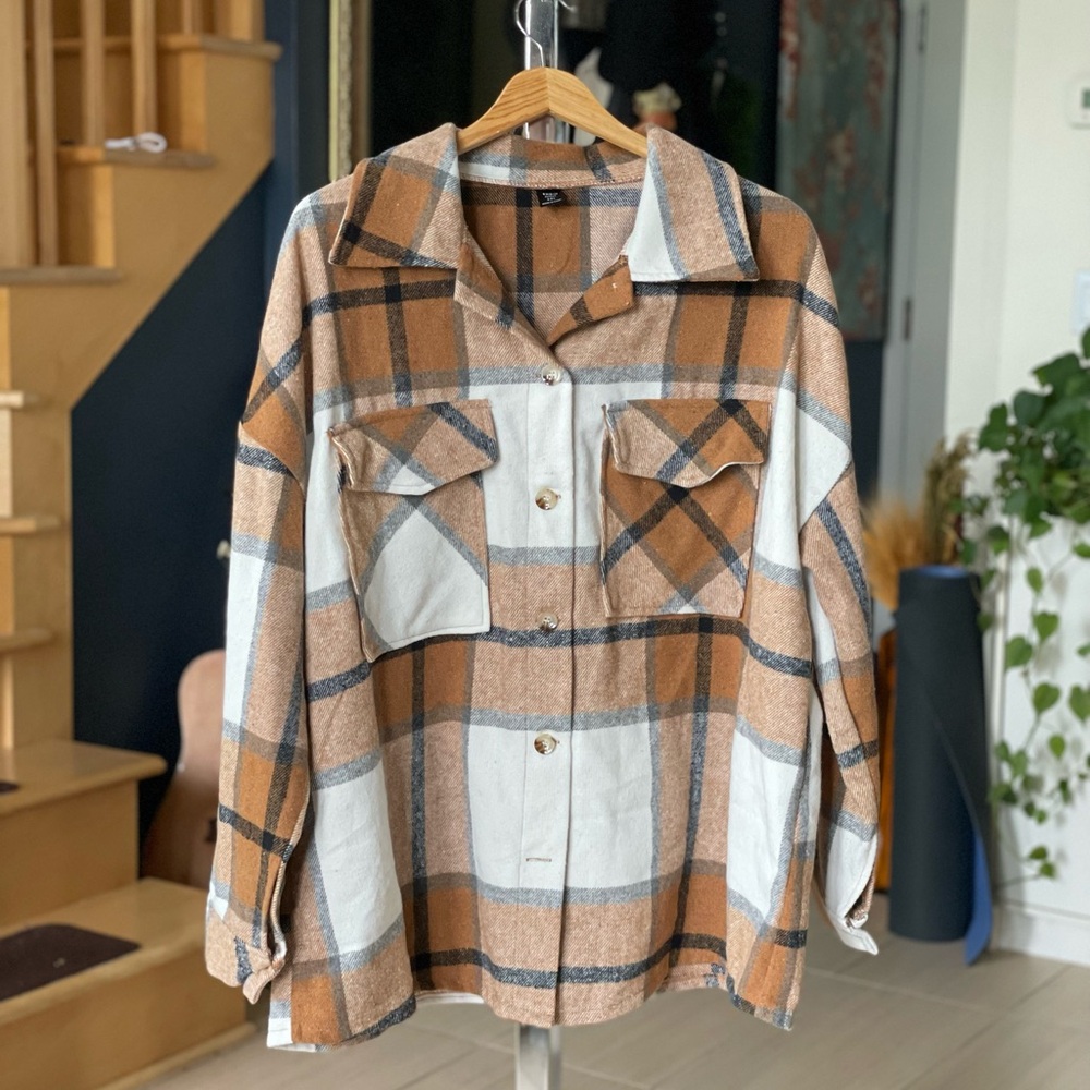 SHEIN Brown/Cognac and White Plaid Shacket / Shirt Jacket